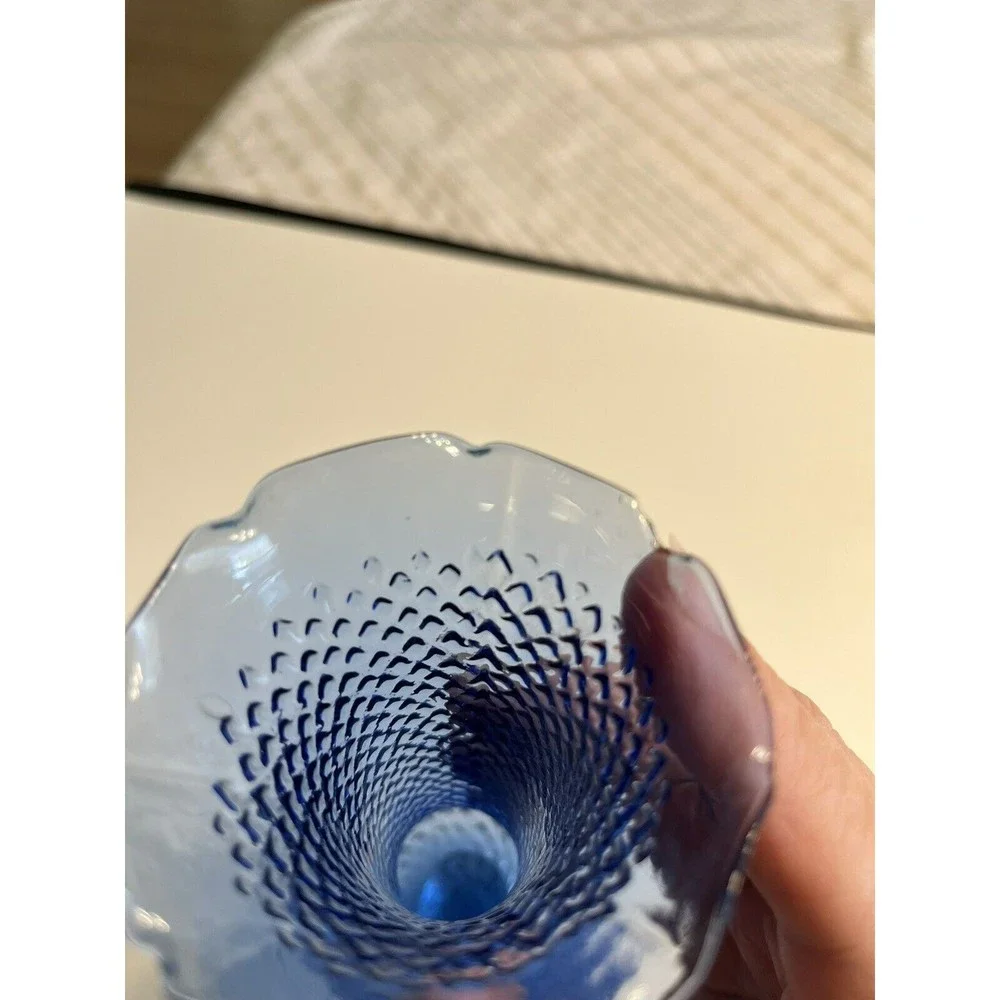 Blue Glass Diamond Cut, Ruffled Rim, Clear Footed Bud Vase Delicate